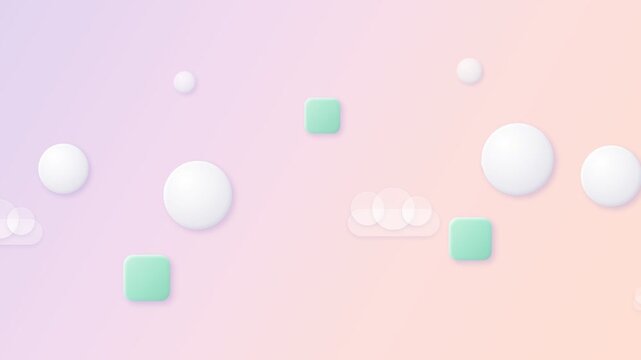 Seamless loop 3D animation of white spheres mint green rounded squares and translucent glass clouds floating on a soft pastel gradient background