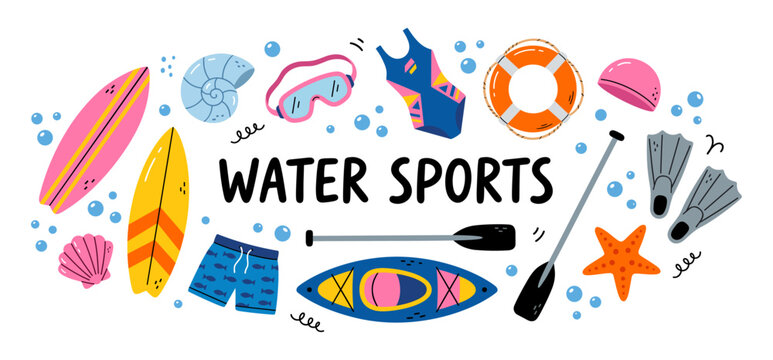 Water sport banner set with surfboard kayak paddle and swimsuit