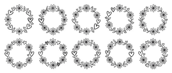 Wreaths with hearts and floral designs isolated on transparent background. Ornamental holiday wreaths with decorative motifs. Heart, leaf, berry, snowflake wreaths. Vector illustration. © wiopuxopoog