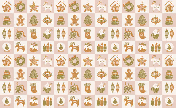 Vintage Pink Christmas Cheater Patchwork, Checkerboard, Gingerbread House, Yule Goat, Year of the Goat 2027, Retro Ornaments, Wreath, Cocoa, Scandinavian, Seamless Pattern, Wallpaper, Gift wrap 