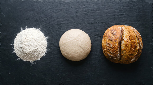 Sourdough Bread Baking Process from White Flour to Dough and Baked Loaf