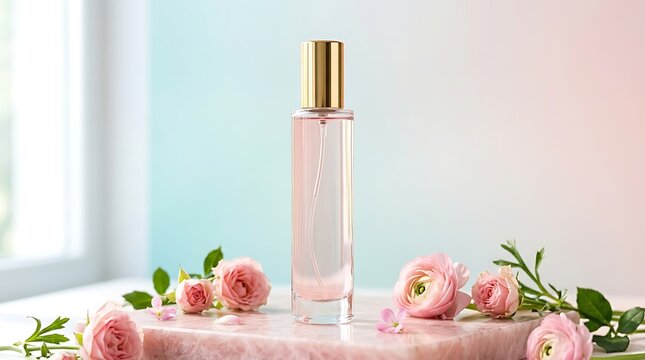 Elegant glass perfume bottle with a golden cap surrounded by fresh pink roses on a stone base