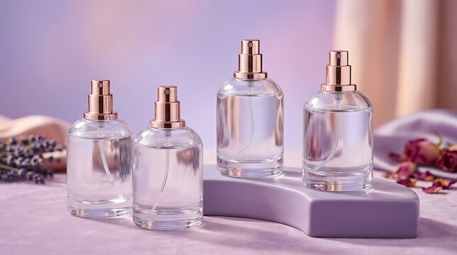 Four clear glass perfume bottles with pink caps standing on a modern grey stone display base