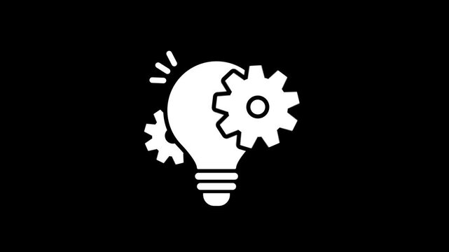 Animated lightbulb with gears which represent Innovation and Problem-Solving, Brainstorming and Strategy, Productivity & Optimization on black background. Light bulb and rotating gears icon.