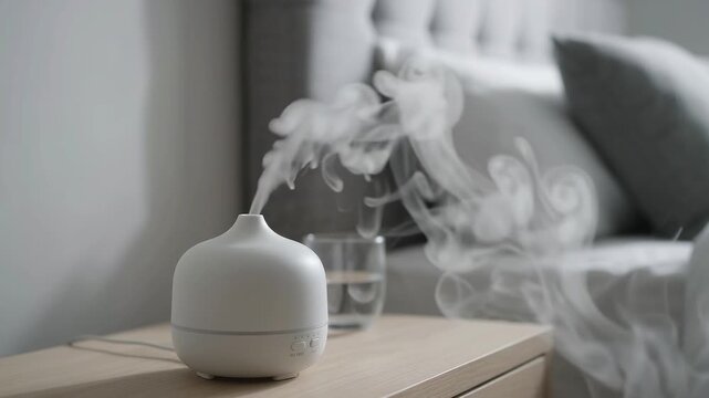 Modern white humidifier emits soothing cool mist inside serene bedroom setting. Essential oil diffuser rests on wooden nightstand beside bed, creating peaceful atmosphere for relaxation.