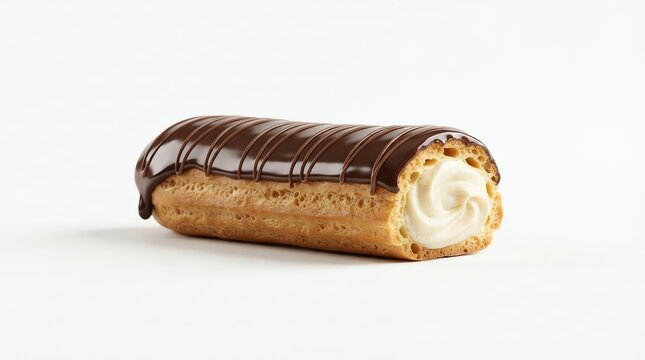 An eclair filled with cream isolated on white background