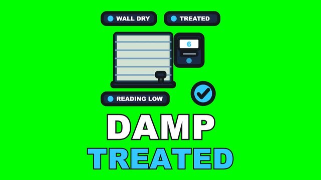 4K green screen DAMP TREATED animated text - the meter goes back on the wall and the reading drops out of the red, kinetic typography damp proofing overlay, chroma key