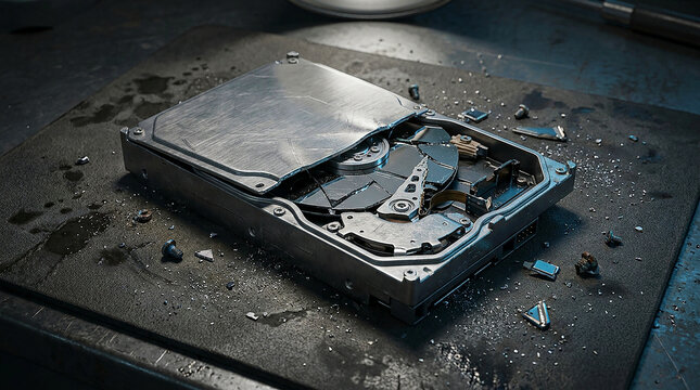 Damaged broken hard drive on a dark dirty industrial workbench with shattered platters and debris representing data loss computer failure digital security risk