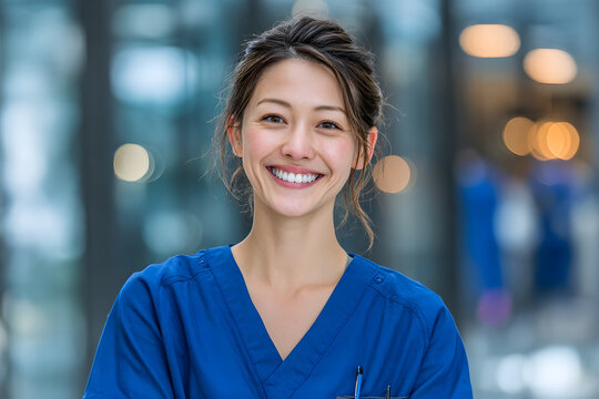青いスクラブを着た笑顔の日本人女性。