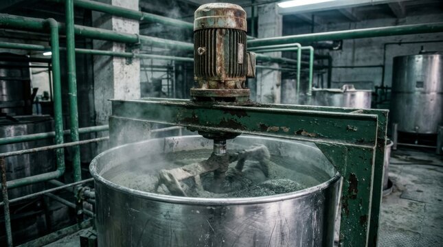 Industrial mixer with electric motor stirring liquid in a large stainless steel vat, creating steam in a factory setting