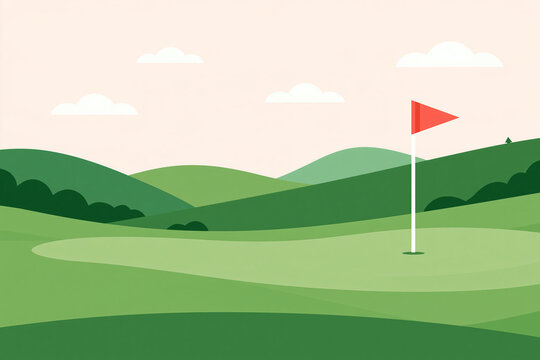 Minimalist Flat Design Illustration of a Serene Golf Course Landscape