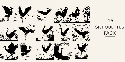 Fototapeta premium Crane Bird Dancing Silhouette Close Up View Paper Cut Silhouette Style Vector SVG Black Shape on White Background Clipart Graphic