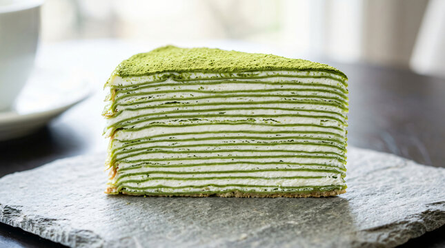 A slice of delicious matcha green tea crepe cake served on a stone plate.