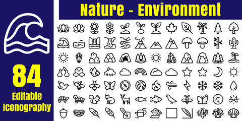 Fototapeta premium Nature - Environment Icon Pack: A comprehensive collection of 84 editable line icons representing various elements of nature and the environment.
