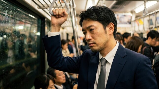 Tired Japanese businessman commuting on a crowded subway train, holding onto a handrail with a serious expression.