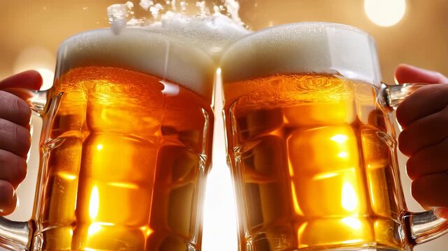 Two frosty beer mugs clinking in slow motion 60 FPS with foam splash and warm bar bokeh lights