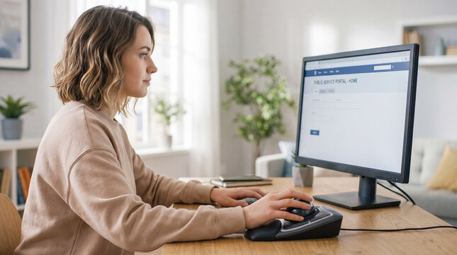Woman using digital public services portal with trackball mouse. Adaptive technology for online government administration. Inclusive digital access and community assistance concept
