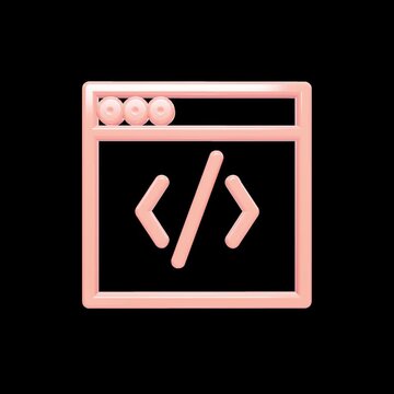 A 3D grid layout showing four identical glowing peach colored browser window icons with code symbol tags inside against a dark background, rotating slowly in loop for web development concepts
