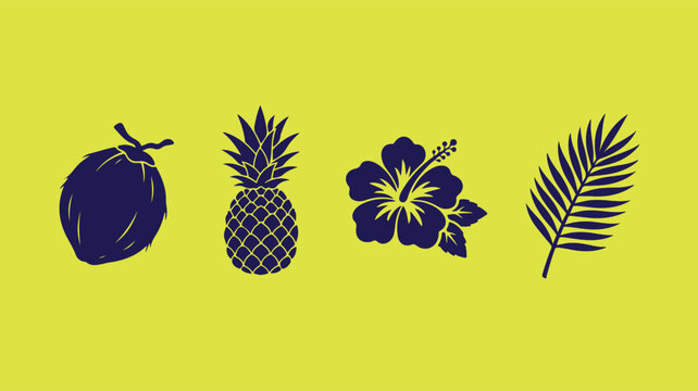 Tropical Summer Icons Set Coconut Pineapple Hibiscus Flower and Palm Leaf Vacation Nature Concept Vector Illustration   