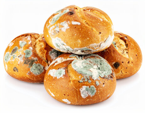 Moldy bread rolls, white background, closeup. AI