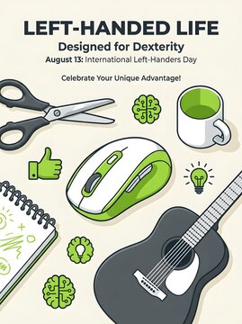 Left handed tools and icons celebrating international left handers day