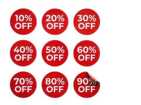 Red discount stickers showing ten to ninety percent off deals