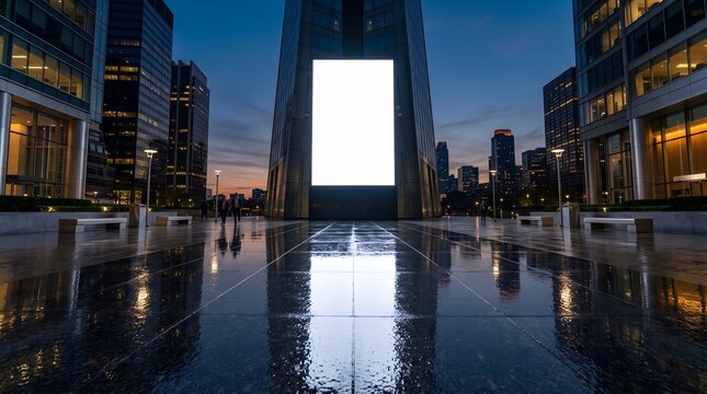 Blank Illuminated Digital Billboard Display on Modern Skyscraper Facade in Urban City Plaza at Twilight