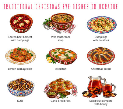 Traditional Ukrainian Christmas Eve dishes set with lenten beet borscht, mushroom soup, varenyky dumplings, holubtsi cabbage rolls, jellied fish, kolach bread, kutia, pampushky garlic rolls and uzvar