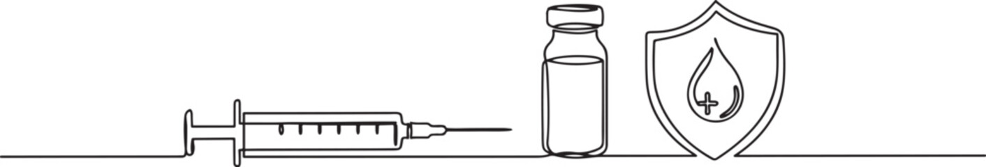 Fototapeta premium One continuous line drawing of medicine set with syringe and vial. Pharmaceutical components and vaccine symbol in simple linear style.one line vector illustration