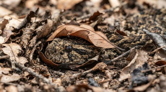 Camouflaged puff adder snake resting under dry autumn leaves on the forest floor in the wild