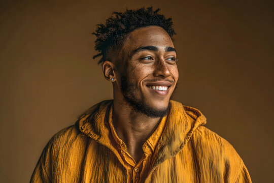 Smiling young man in a casual yellow outfit against a khaki background conveying a cheerful and stylish expression
