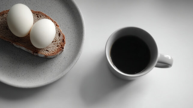 Two boiled eggs on slice of wholegrain bread and cup of black coffee with simple meal