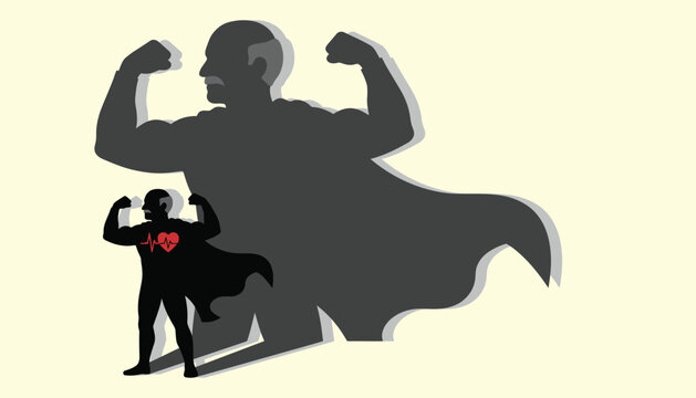 Older mans superhero shadow, representing health, strength, and inner power