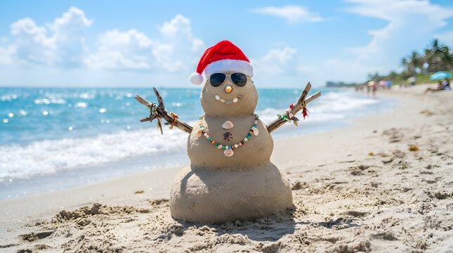 A whimsical beach scene captures the spirit of christmas with a sand snowman adorned with a santa hat and sunglasses basking in the warm sunshine
