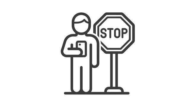 Distracted pedestrian looking at smartphone while standing dangerously near traffic stop sign illustration in black outline