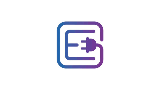 Creative vector logo design featuring letter e combined with electric plug symbol in gradient blue and purple colors