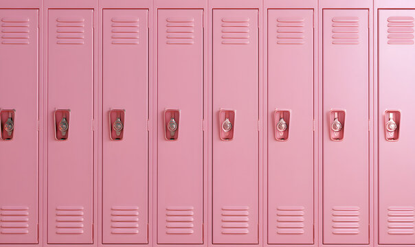 Pink school lockers featuring metal combination locks in 3D