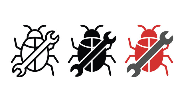 Set of bug fixing icons with a wrench and beetle in outline, solid, and colored styles for software development and debugging