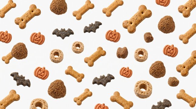 Pattern of Halloween dog biscuits and pumpkin snacks
