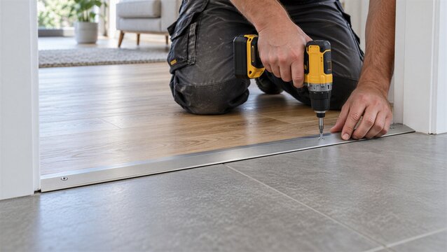 Contractor installing a low-profile doorway threshold transition between wood and tile flooring, aging-in-place home accessibility renovation for safer mobility and fall prevention