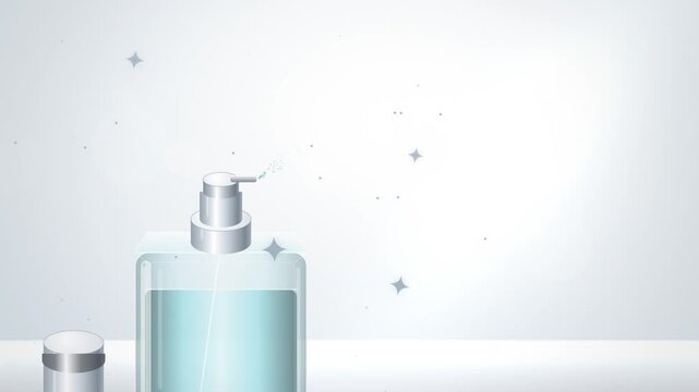Close up blue perfume bottle with silver pump on white seamless loop