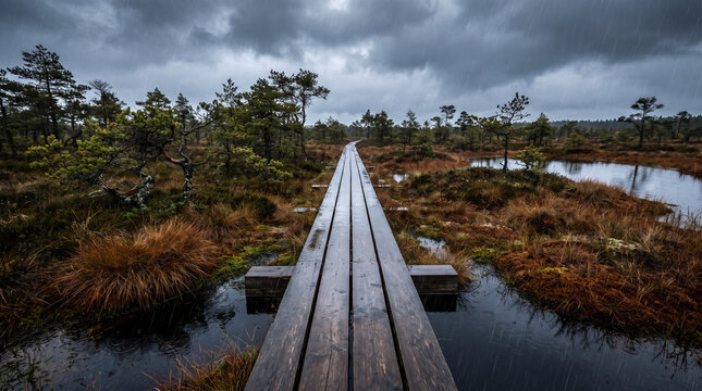 Wooden Boardwalk Crossing Saturated Autumn Peat Bog In Rain