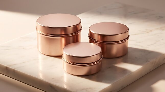 Three rose gold metal cosmetic jars on a marble surface with soft natural sunlight and deep shadows. high-end cosmetic tins