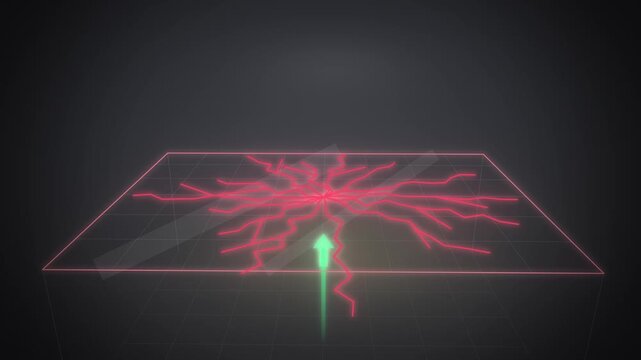Red arrow cracks glass floor then green arrow rebounds on charcoal