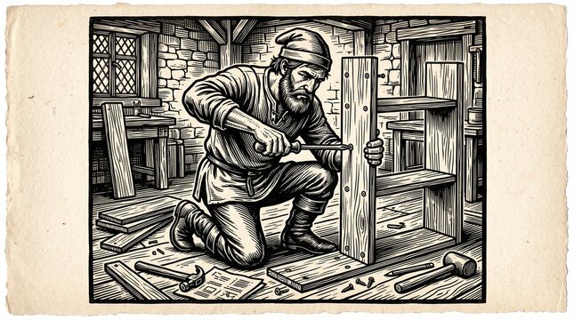 Woodcut Illustration of Person Assembling Flat-Pack Furniture
