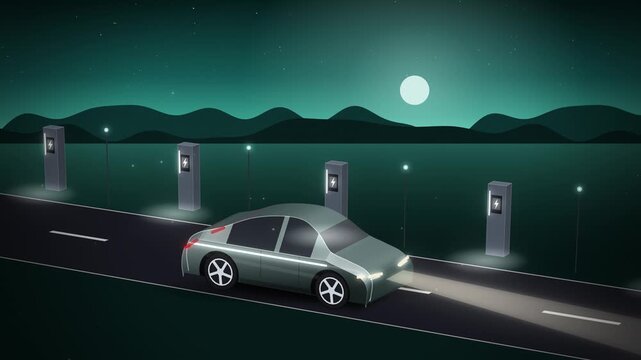 Angled electric car on moonlit road past chargers seamless loop