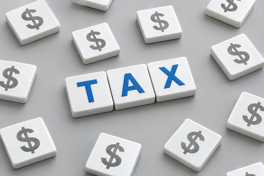 Tax text on blocks surrounded by dollar sign cubes over gray background