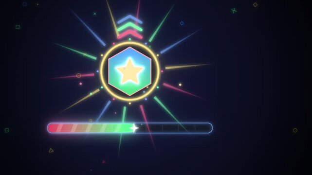Level up hexagon badge with golden star and XP bar victory burst