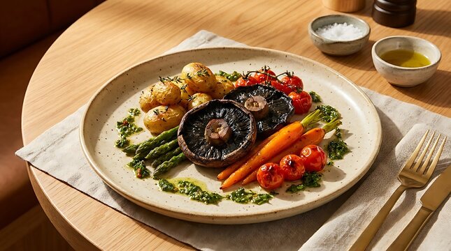 Delicious plate of roasted portobello mushrooms with fresh vegetables and herbs on a rustic wooden table. Meatless Monday meals