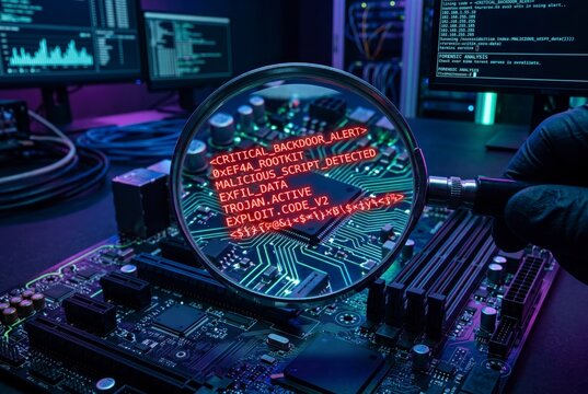 Magnifying glass revealing detected malware exploit code and rootkit backdoor threat on a computer motherboard chip during a digital forensic security investigation.